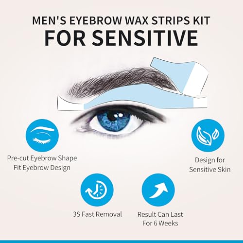 Beauty7 Sensitive Eyebrow Wax Strips, Facial Hair Removal for Men, Eyebrow Waxing Strips, 24 Strip 4 Calming Oil Wipes, Home Waxing for Men