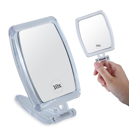High Magnification Travel Hand Mirror - Foldable 10X & 1X Magnifying Makeup Mirror, 3-in-1 Handheld Mirror, Hanging Mirror, Table Mirror - 3.3" x 7.3" (Unfolded) / 3.3¡± x 4.4¡± (Folded)