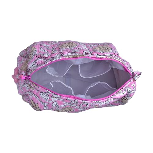 Quilted Floral Block Print Makeup Bag Set of 3 ? Cotton Travel Toiletry and Makeup Organizer, Cosmetic Pouch, Toiletry Bag for Women, Cute Boho Coquette Make Up Bags for Women (Small, Medium, Large)