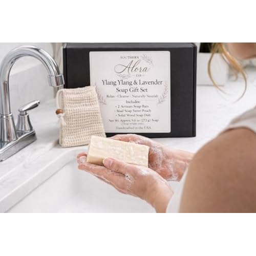 Ylang Ylang & Lavender Soap Gift Set ? Handmade Soap Bars with Sisal Soap Saver & Wood Soap Dish, Gift Ready