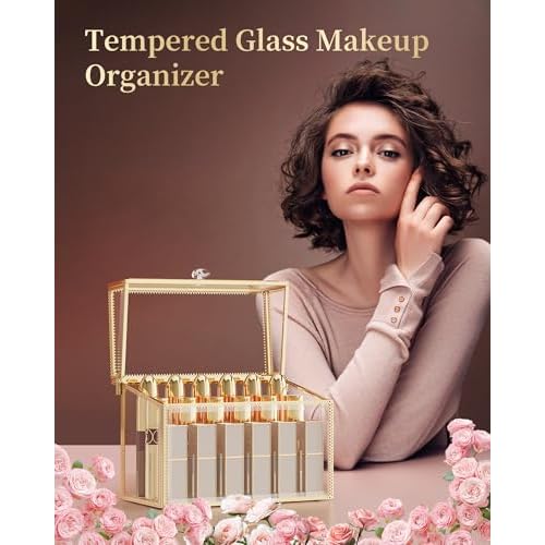 Lipstick Organizer,Luxury Tempered Glass Lipstick Holder & Nail Polish Organizer, 18-Slot Vanity Cosmetic Organizer with Removable Dividers, Gold