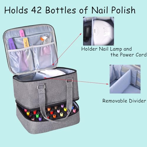 Nail Polish Organizer Case Hold 42 Bottles (15 ml) and Nail Lamp, Nail Organizers and Storage for Nail Supplies, Double Layer Nail Bag Organizer Case with Handle (Grey)