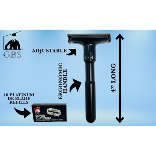 G.B.S Black Adjustable Men's Double Edge Safety Razor and 10 G.B.S Platinum Blade Refills