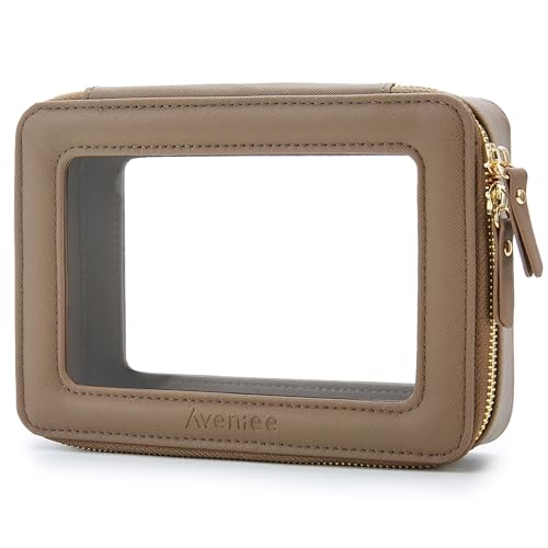 Aveniee Clear Makeup Bag for Women, Small Toiletry Travel Bag with Zipper, Portable Cosmetic Organizer Pouch for Skincare, Car Organizer Storage Bag for Essentials, Mocha Brown,Medium Classic