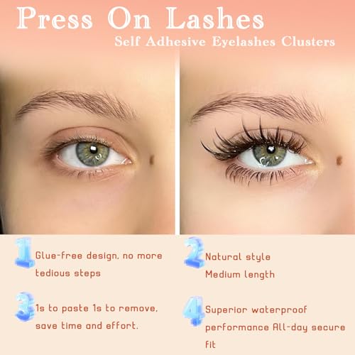 Travish Self Adhesive Eyelashes 10-14mm 80pcs D Curl No Glue Lashes Extensions Kit with Tweezers Press on Lashes No Glue Lash Clusters Natural Look Self Adhesive Lash Clusters