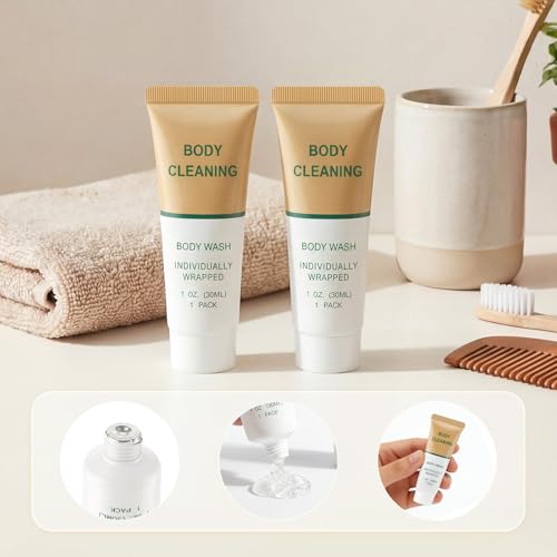 Mini Travel Body Wash, Individually Wrapped Travel Size Bulk Shower Gel Set, Trial Sample Small Single Use Men Women Toiletries Amenities for Hotel/Camping/Vacation/Homeless 1 Fl Oz (Pack of 100)