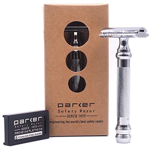 Parker 98R Heavyweight 3-Piece Double Edge Safety Razor ? Long Handle, Closed Comb Design for Smooth Wet Shaving, Includes 5 Platinum Blades ? Iconic Brand in Traditional Shaving