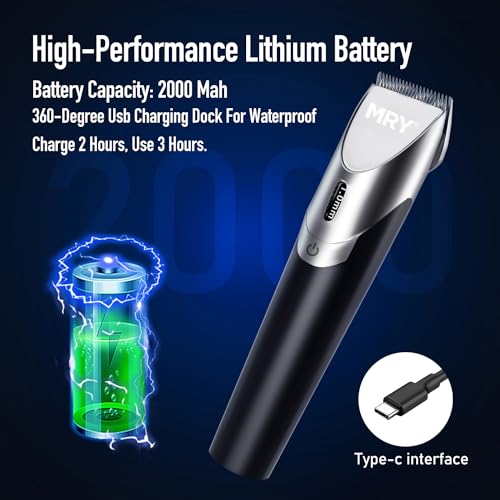 MRY Ceramic Cutter Cordless Men's Barber Women's Professional Waterproof LCD Hair Clippers USB Rechargeable (Black with Silver Color)