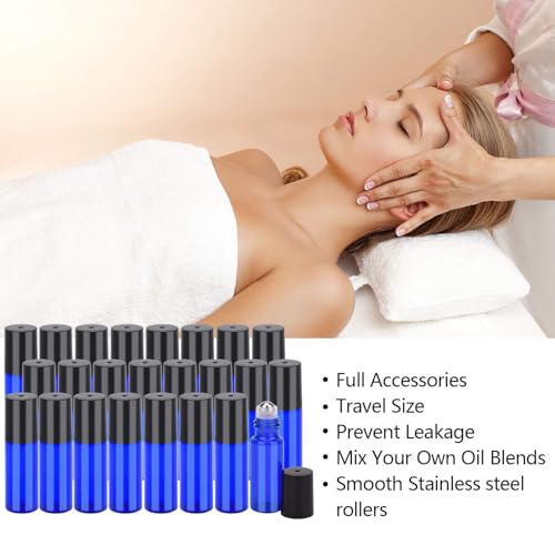 Easytle 96 Pack Essential Oil Roller Bottles 5ml Blue Glass, Reusable, Leak-Proof, UV Protection, Travel & Personal Care, 384 Labels, 8 Opener, 16 Funnels, 16 Droppers