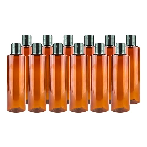 Plastic Amber Bottles (Pack of 12) - 8oz Amber Plastic Bottle with Screw Caps; Used as Reusable Shampoo Bottle, Lotion Bottles, Bottles for Travel and Body Wash Container
