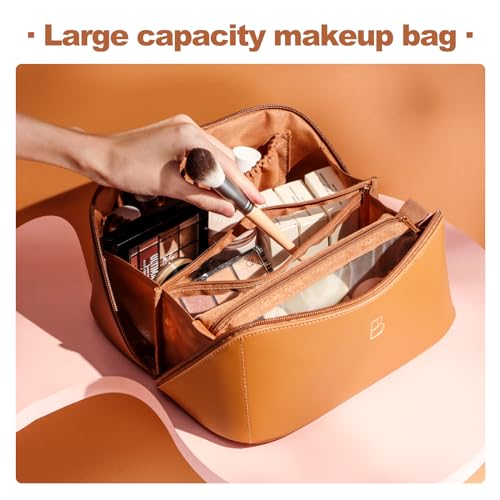 BS-MALL Travel Makeup Bag ? Portable Large Capacity Toiletry Bag Perfect for Organizing Travel Size Toiletries, Flat Opening for Easy Access with 1 Makeup Brush & Zipper Bag