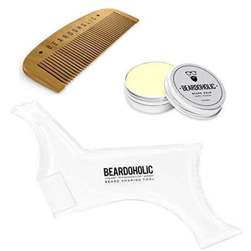 Beardoholic Beard Balm, Comb and Shaping Tool Set ? 100% All Natural, 100% Pearwood ? Anti-Static, Eliminates Tangles and Ingrown Hairs, Itch and Dandruff ? Shape and Style Beard With Ease
