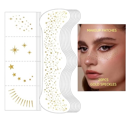 Glitter Freckles Face Tattoo - 20Pcs Waterproof Gold Temporary Sparkle Patches for Women Glow Up Makeup Patches Accessories Cosmetic Glitter for Face