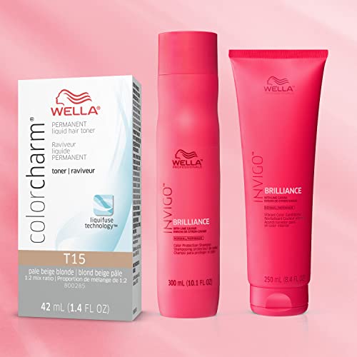 WELLA Color Charm Invigo Brilliance Color Protection Shampoo & Conditioner, For Fine Hair + Hair Toner, Neutralize Brass, T15 Pale Beige Blonde
