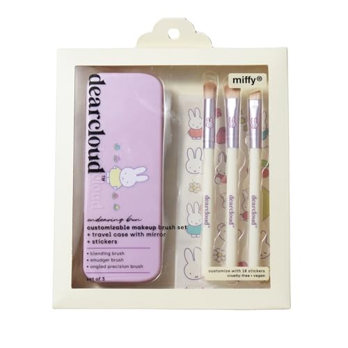 dearcloud Miffy Makeup Brush Set ? Blending, Smudger & Angled Precision Brush with Travel Case, Mirror & Customization Stickers (Endearing Bun)