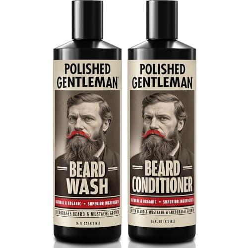 Polished Gentleman Beard Wash and Conditioner Set - Softens and Strengthens - Beard Shampoo with Growth Oil - Moisturizer & Beard Thickener - Tea Tree Unscented - Paraben-Free & Sulfate-Free (16oz)