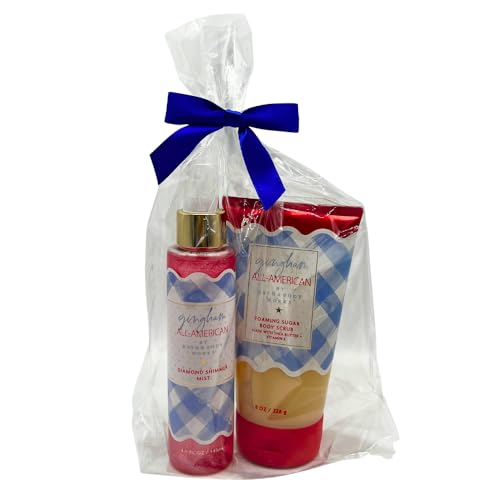 Bath & Body Works GINGHAM ALL-AMERICAN Foaming Body Scrub & Diamond Shimmer Mist 2pc Gift Set with a Blue-Ribbon Bow ? Festive Full-Size Duo for Holidays