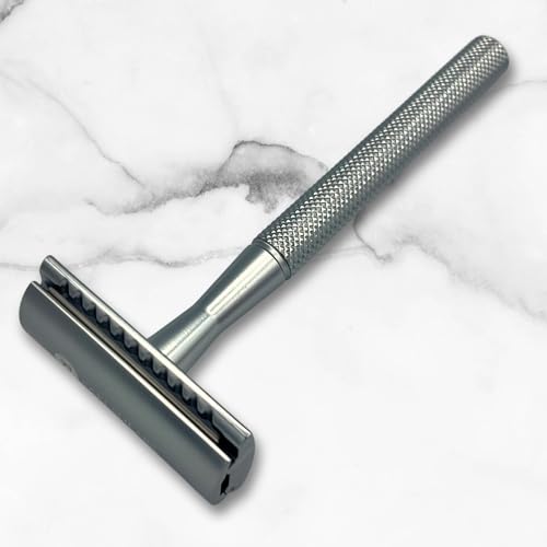 Shave Safety Razor with Brass Handle and 5 Platinum Coated Double Edge Safety Razor Blade Refills - Unique Brass Handle from Saki Shears (Steel)
