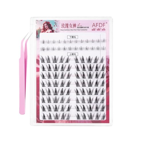 Self Adhesive False Eyelashes 104 Clusters Press On Eyelash LASGOOS Natural Curl 3D Lash 10-12mm Pre-Glued Thick UP+Bottom Mix Eyelash Extensions Natural No Glue Needed Salon Fake Lashes With Tweezer