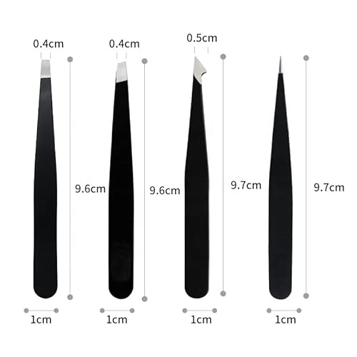 Tweezers Set with Travel Case for Ingrown Hair - Professional Stainless Steel Tweezers for Eyebrows - Best Precision for Facial Hair for Women & Men, Splinter 4-Piece Set Hair Removal (Black)