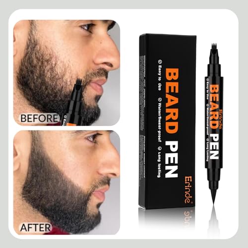 Erinde Beard Pencil Filler for Men Black (2 Pack) - 4-Tip Beard Filler, Waterproof Long Lasting Beard Pen Kit with 2 Fillers & 1 Brush, Stocking Stuffers for Men