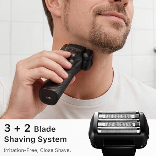 Electric Shaver for Men - Trimcoo 5-Blade Foil Razor Kit | Gentle on Sensitive Skin | Self-Cleaning Center, USB-C Charging, 180min Runtime, IPX7 Wet/Dry Use with Pop-Up Trimmer, Ideal Grooming Gift