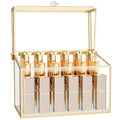 Lipstick Organizer,Luxury Tempered Glass Lipstick Holder & Nail Polish Organizer, 18-Slot Vanity Cosmetic Organizer with Removable Dividers, Gold