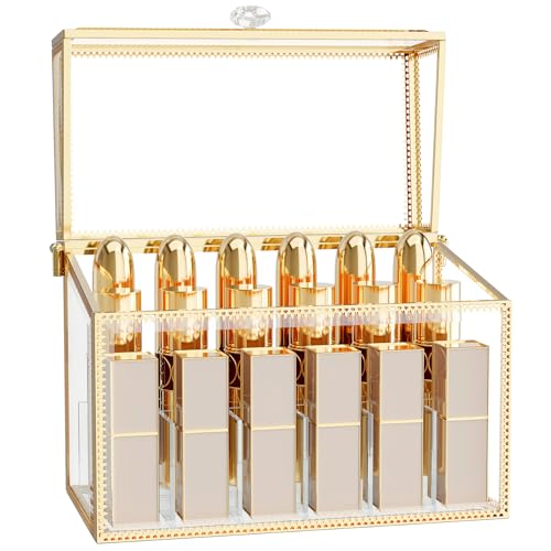 Lipstick Organizer,Luxury Tempered Glass Lipstick Holder & Nail Polish Organizer, 18-Slot Vanity Cosmetic Organizer with Removable Dividers, Gold