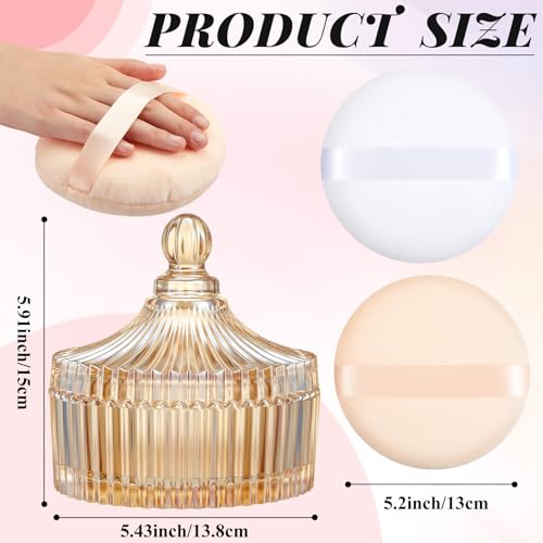 Tioncy 3 Pcs Extra Large Body Powder Puff and Container 5.43'' Glass Body Container with 5.12'' Powder Puff Glass Jar for Women's Talcum(Classic,Amber)