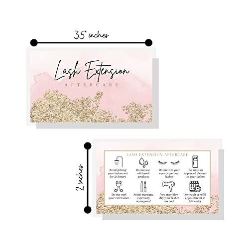 Lash Extension Aftercare Cards | 50 Pack | 2x3.5" inch Business Card Size | Eyelash Extension Supplies | Lash Aftercare | Pink Watercolor and Gold Design