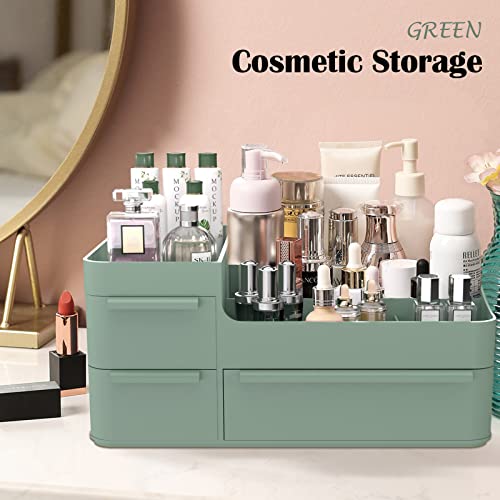 CHANCETSUI Makeup Organizer Stackable Drawer Organizer Set, Bathroom Desk and Vanity Countertop Organizer Trays Cosmetics Display for Brushes, Lotions, Perfumes, Lipstick and Nail Polish, Green