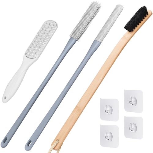 4 Pack Toe Cleaning Brush Set,Long Handle Bath Toe Brush Scrubber Bathroom for Seniors Elderly Men and Women (Grey)