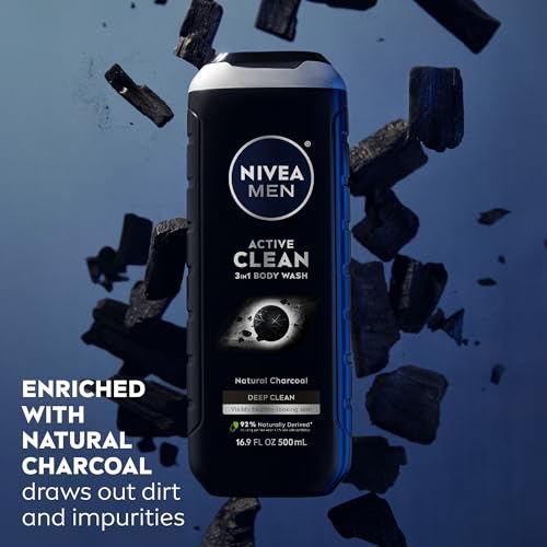 NIVEA MEN Active Clean Body Wash with Natural Charcoal for Normal to Oily Skin, 3-in-1 Charcoal Body Wash, Face and Hair, Draws Out Dirt and Impurities, 16.9 Fl Oz Bottle