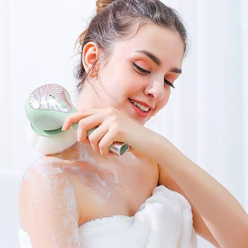 Rechargeable Electric Back Scrubber Body Brush with 3 Gears Multifunctional Shower Bathing Tool, Detachable Long Handle & 6 Brush Heads for Complete Shower Use - Light Green