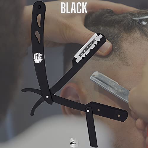 the shave factory Straight Edge Razor Kit - with Single Stainless Steel razors for men from (Black / 300 Derby Blades)