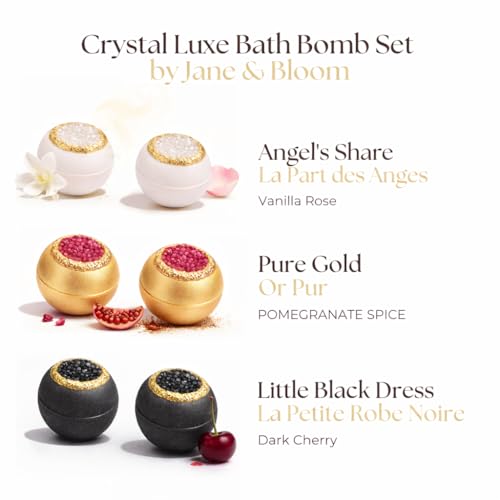 Crystal Luxe Bath Bomb Set, 6 Luxury Bath Bombs by Jane & Bloom, Moisturizing Fizzies for Relaxing Home Spa, Gift Set for Women, Men and Teens, Valentine's Day Gift Set
