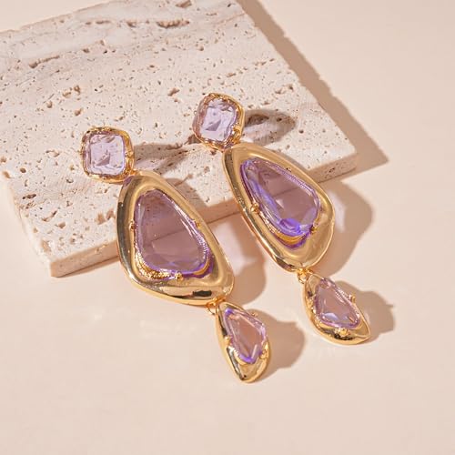 Missgrace Women Rhinestone Earrings Dangling Sparkly Purple Dangle Earrings Chandelier Earrings Tassel Large Studs Crystal Statement Earrings for Women