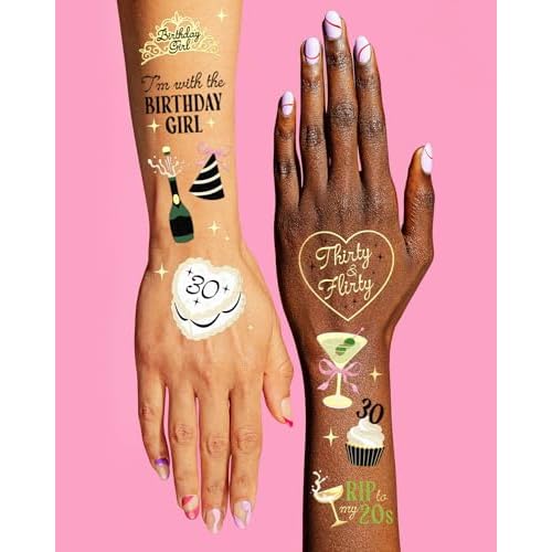 xo, Fetti 30th Birthday Temporary Tattoos - 50 Gold Foil Pcs | Birthday Cocktail Accessory, Dirty Thirty Olive Party Favor, Cute RIP to My 20s Bday Activity