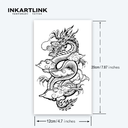 INKARTLINK Tattoo Tech,2 Sheets Extra-Large Semi Permanent Tattoo,Adult Art Design Temporary Tattoos, Lasts 1-2 Weeks, Waterproof, Realistic look, No Adhesive, No reflection (Dragon Design£©