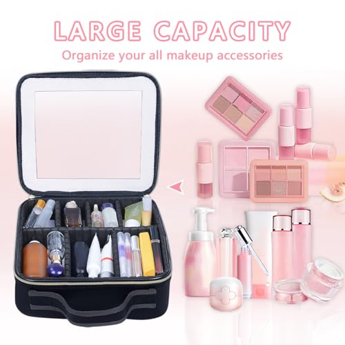 Travel Makeup Train Case Organizer Portable Storage Bag with Adjustable Dividers for Toiletry Cosmetic Brush Jewelry Accessories(Black)