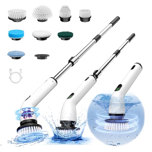Electric Spin Scrubber, Full-Body IPX7 Waterproof Cordless Shower Scrubber with 8 Replaceable Heads, Upgraded Extension Handle, 2H Work Time, 2 Speeds for Bathroom Shower Tile Glass