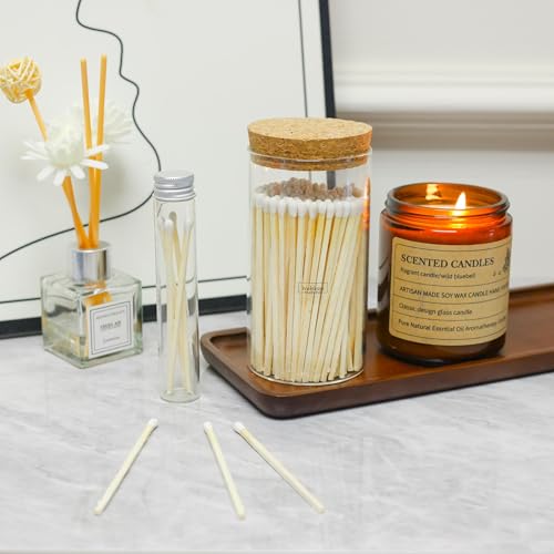 Colored Safety Matches | 4-Inch Long Matches in Glass Jar | Perfect for Lighting Candles | 150 PIECES | 10 CANDLES AND EXTRA EMPTY JAR GIFT (WH?TE)