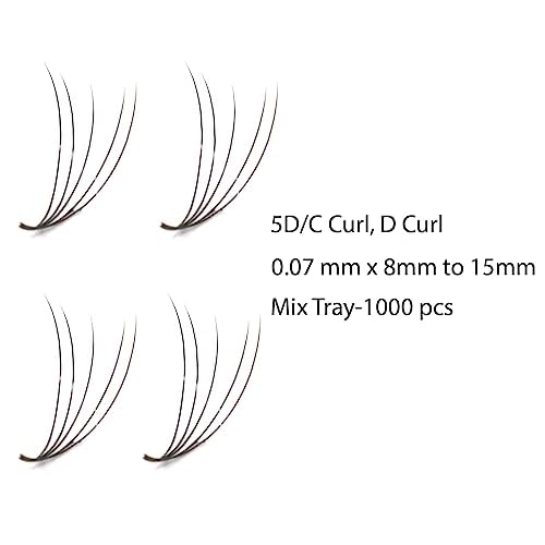 1000 Premade Fans Eyelash Extension Handmade Loose Volume Short Stem Eyelash Multiple Options 5D/7D Pre-made Fans 0.07mm Thickness C/D Curl 8mm-15mm Mixed Length Volume Eyelash Extensions mixed Length Eyelash in the tray (5D/D Curl)
