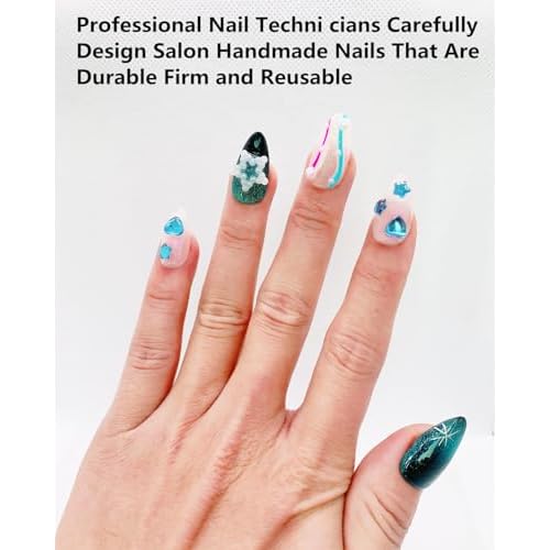 Press on Nails Handmade Nails Luxury Reusable Fake Nails For Girls Short Almond Armor Colorful Blue Diamonds HandPainted Salon Loveful Design Acrylic Gel UV Finished 3D Nails 10PCS (A074, L)