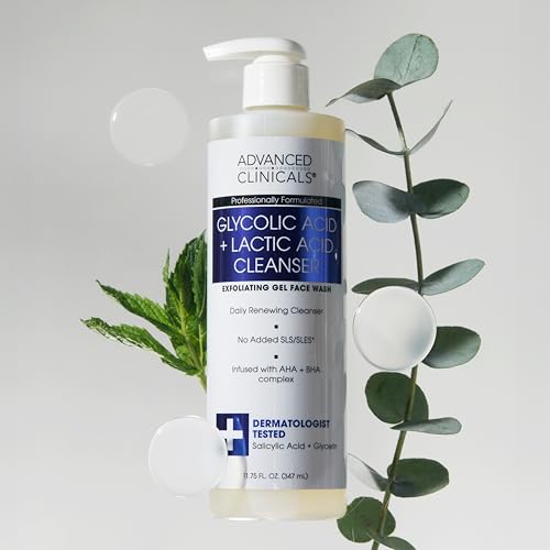 Advanced Clinicals Glycolic Acid Exfoliating Face Wash For Women & Men | Lactic Acid & Salicylic Acid Facial Cleanser | Glycerin Gel Gleanser Helps Gently Exfoliate & Cleanse Dirt & Oil, 2-Pack