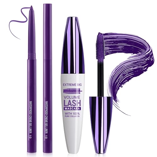 Purple Mascara and Eyeliner Set 5D Coloured Mascara for Eyelashed, Volumizing Curling Defining Eye Lashes, Long-Lasting Waterproof Purple Makeup