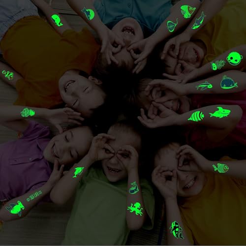 Partywind 130 Styles Luminous Shark Temporary Tattoos for Kids, Glow Shark Birthday Decorations Party Favors Supplies for Boys and Girls, Ocean Under Sea Fake Tattoo Stickers (10 Sheets)
