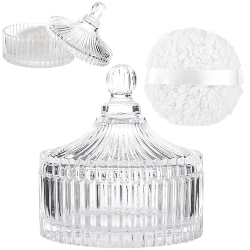 2 PCS Large Body Powder Puff with Glass Container Set, Soft Washable Puff Set for Face & Body, Reusable Puff with Ribbon Band for Makeup Glitter Application, After-Bath Care