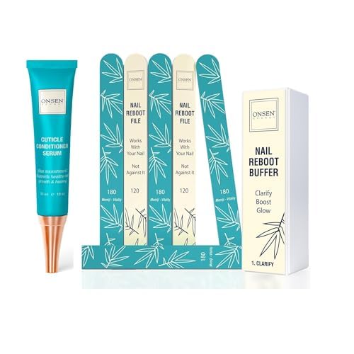 Onsen Secret Cuticle Conditioner Cream 30ml, 3 Way Japanese Nail Buffer Block, 6pcs Nail File Dual Grit. Cuticle Oil Nail Care Serum Sooth, Repair & Strengthen Cuticles & Nails + Shape & Shine Kit