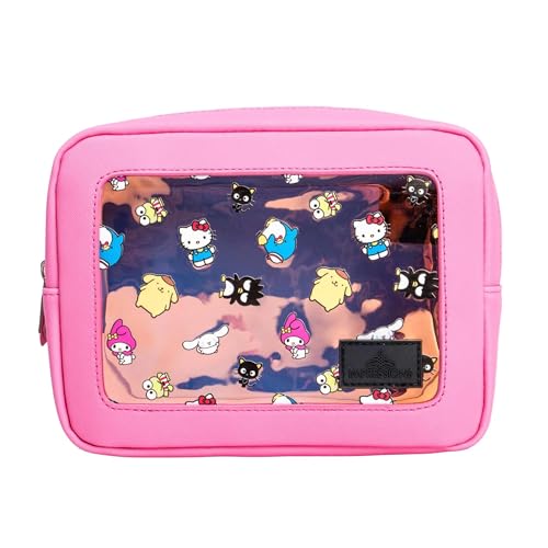 Impressions Vanity Hello Kitty and Friends Core Cosmetic Pouch for Women, Core Print Artwork Travel Makeup Bag Organizer with Inner Pocket, Metal Zipper Opening Faux Leather Handheld Purse (Pink)